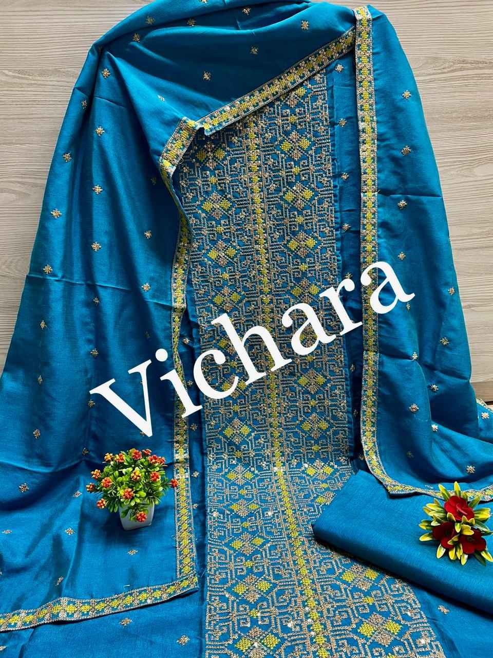 Vichitra Full Embroidery Work Non Catalog Dress Material (4 Pc Catalog)