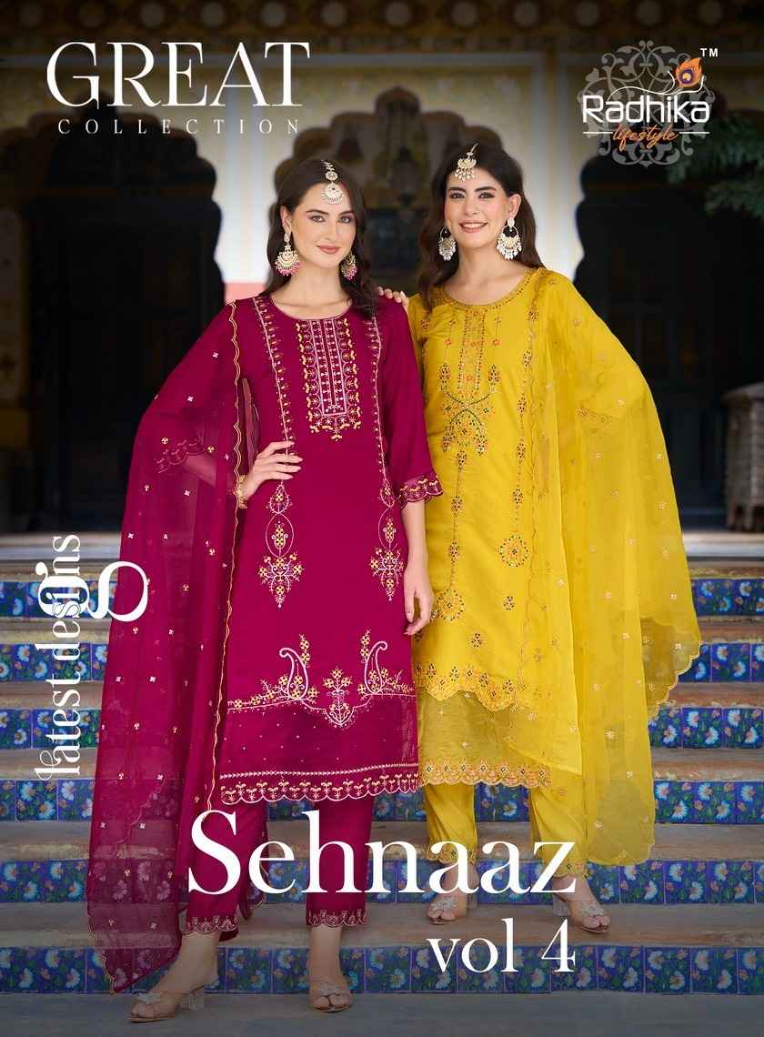 Radhika Lifestyle Sehnaaz Vol-4 Pure Roman Silk Readymade Suit (6 pcs Catalogue)