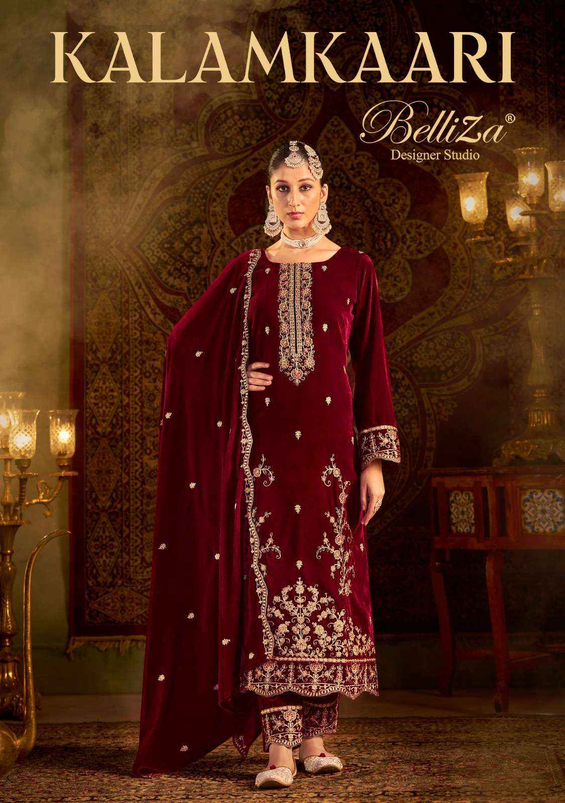 Belliza Kalamkaari Velvet Embroidery Dress Material (4 Pc Cataloge)