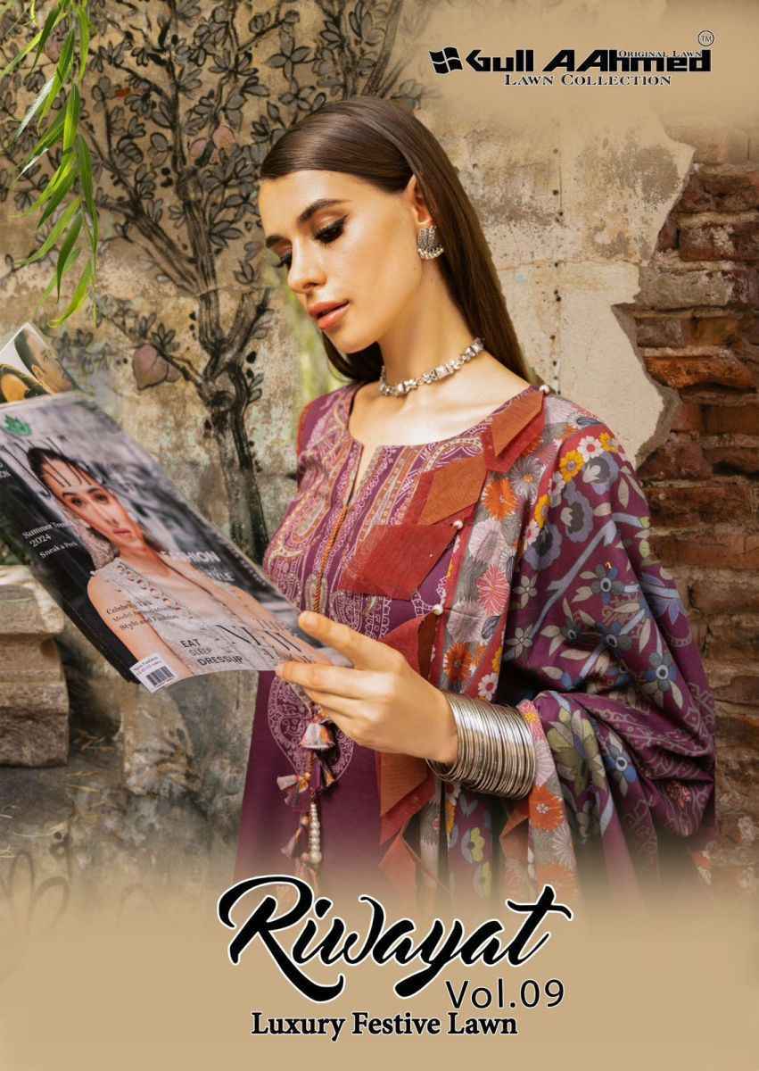 Gull Aahmed Riwayat Vol-9 Lawn Cotton Dress Material (6 pcs Catalogue)