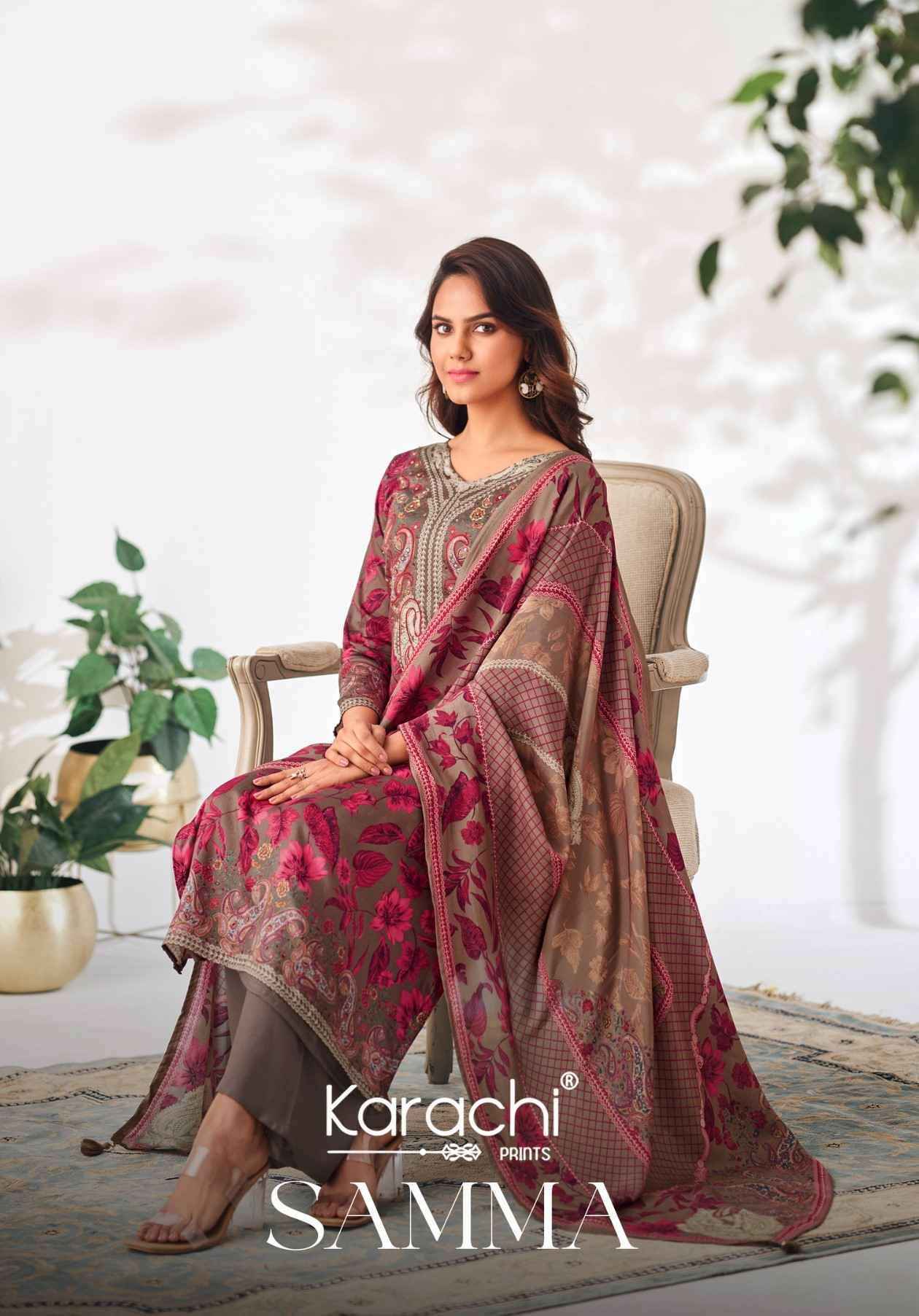 Karachi Prints Samma Jam Satin Dress Material (4 pcs Catalogue)