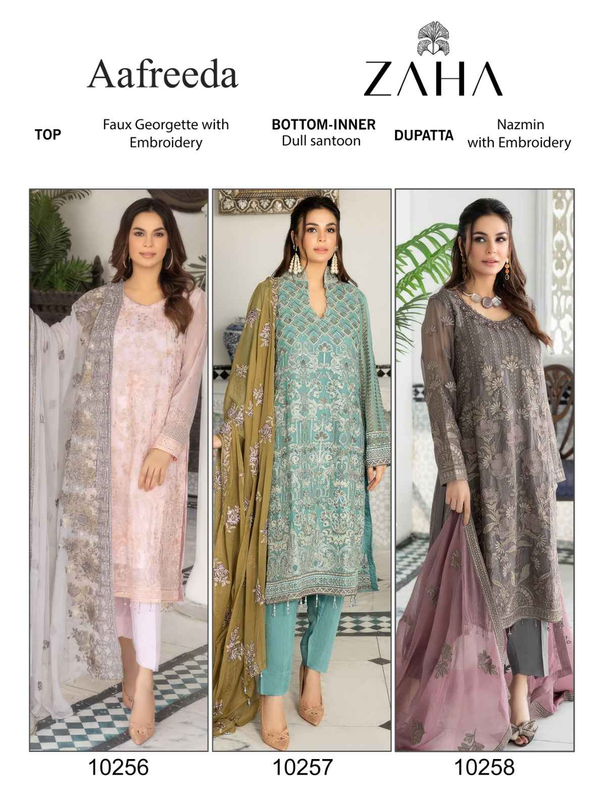 Zaha Aafreeda Vol -1 Faux Georgette Dress Material (3 pcs Catalogue)