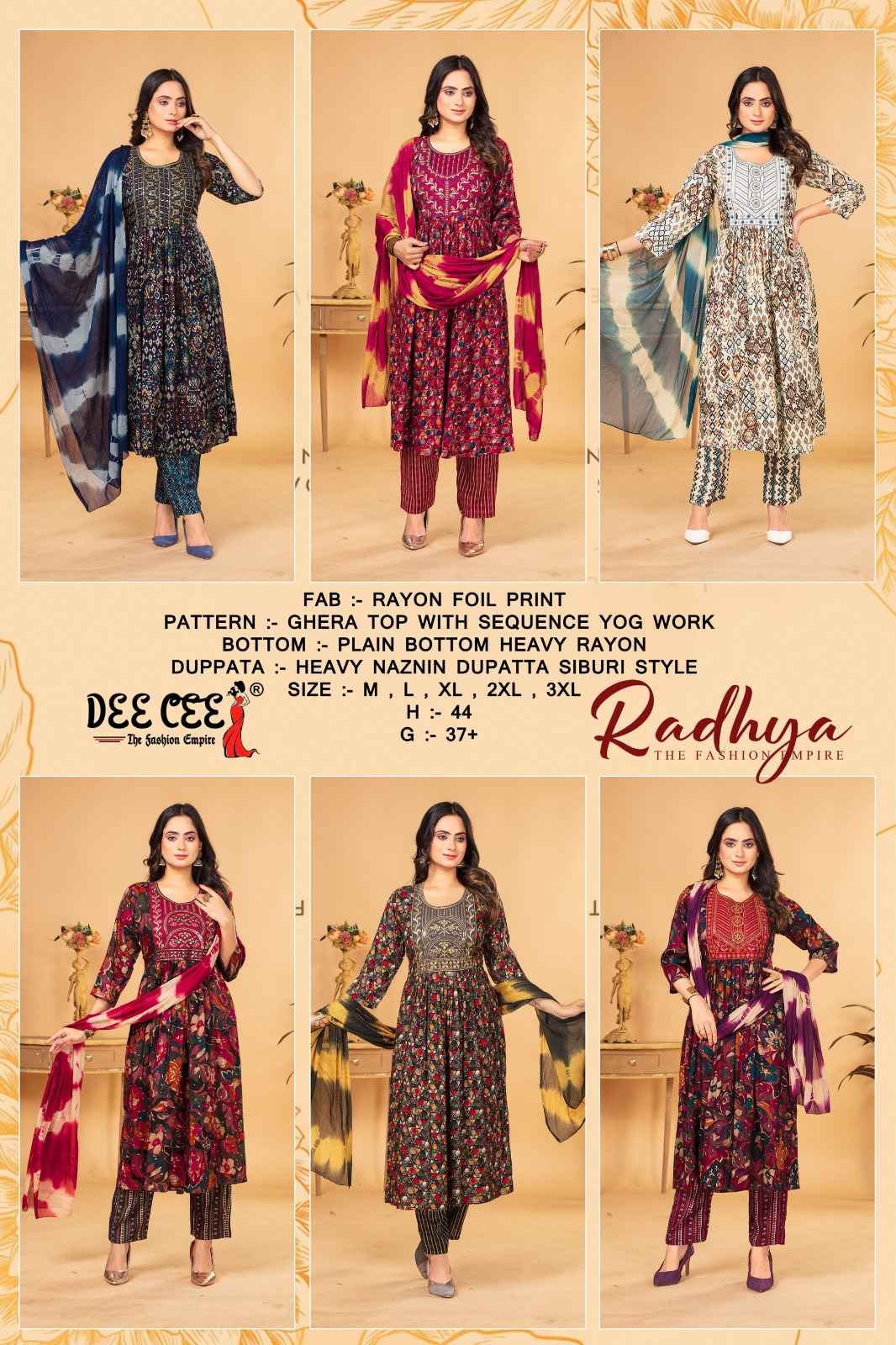 Dee Cee Radhya Rayon Foil Print Readymade Suit (06 Pc Catalog)