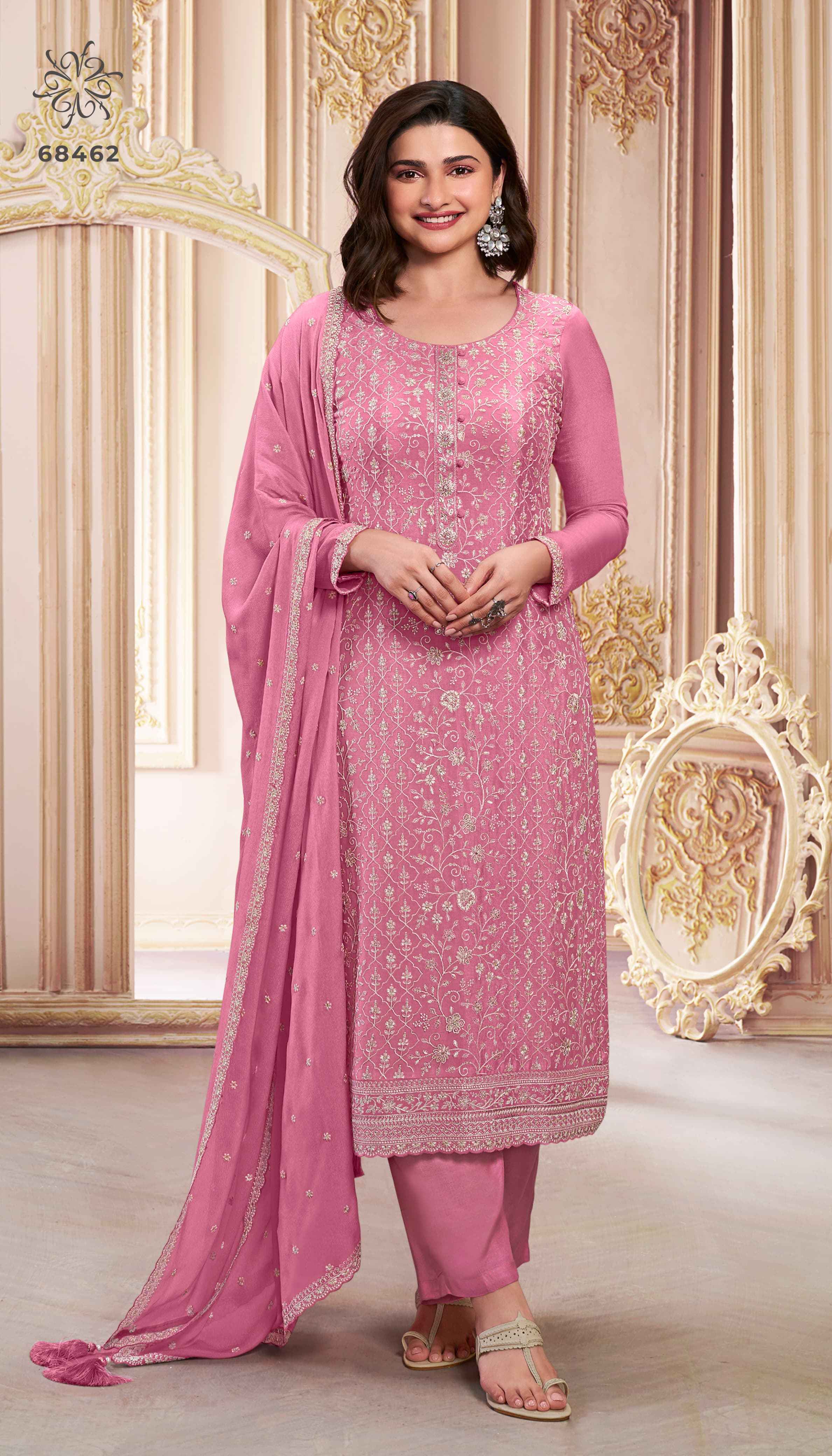 Vinay Kuleesh Saira Thread Embroidered Chinon Dress Material (6 pcs Catalogue)