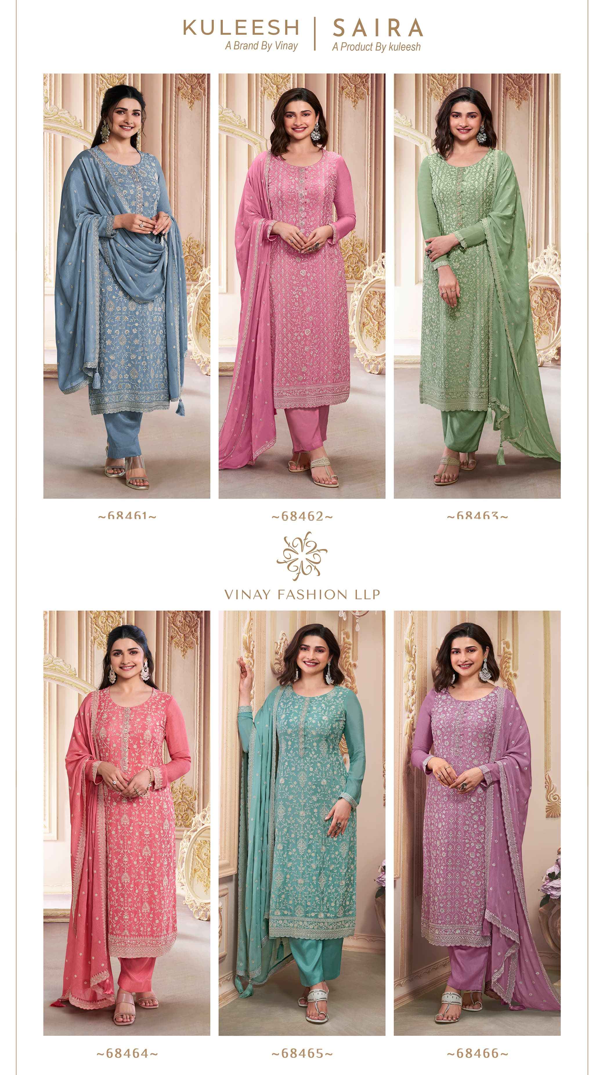 Vinay Kuleesh Saira Thread Embroidered Chinon Dress Material (6 pcs Catalogue)