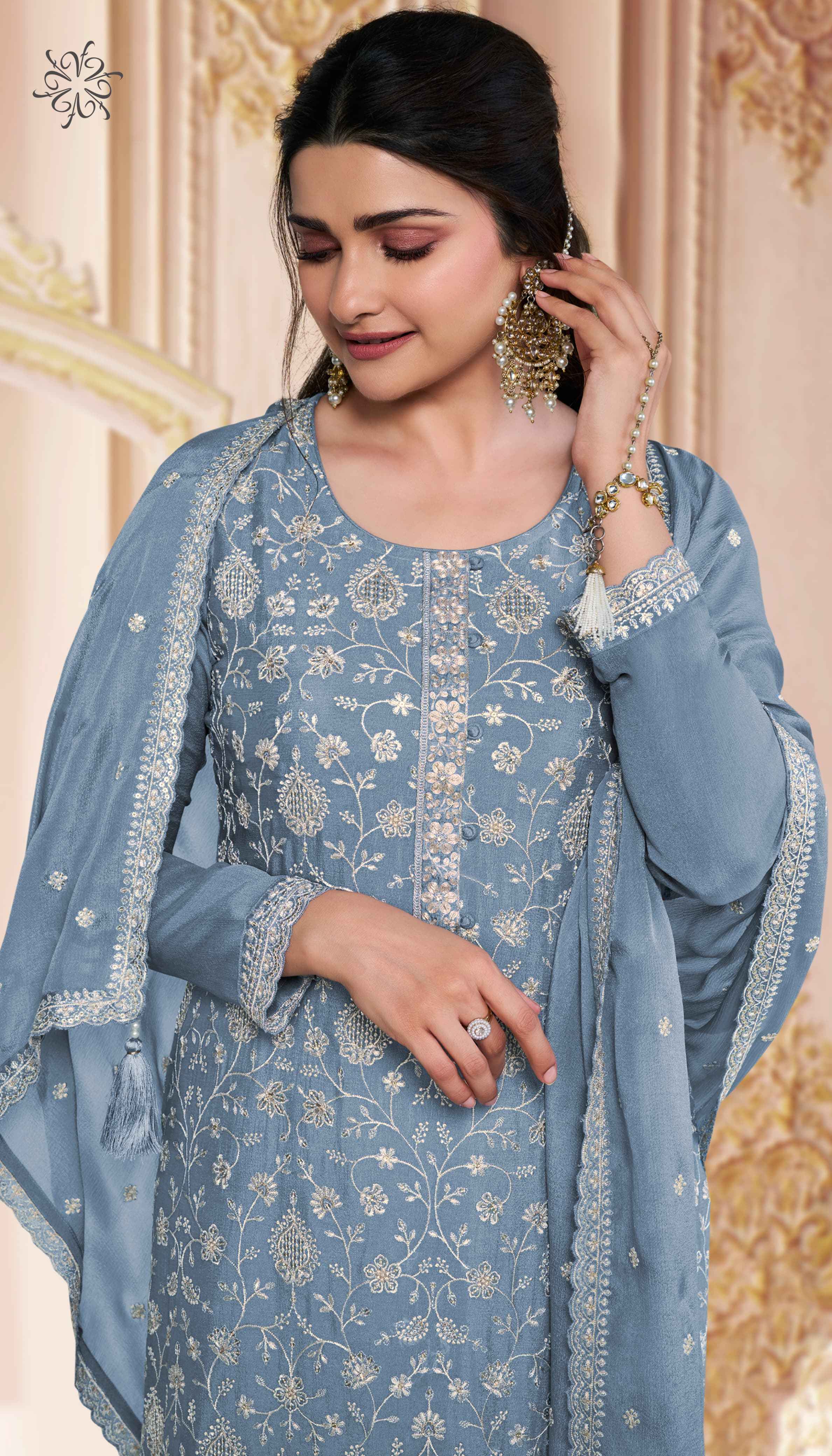 Vinay Kuleesh Saira Thread Embroidered Chinon Dress Material (6 pcs Catalogue)