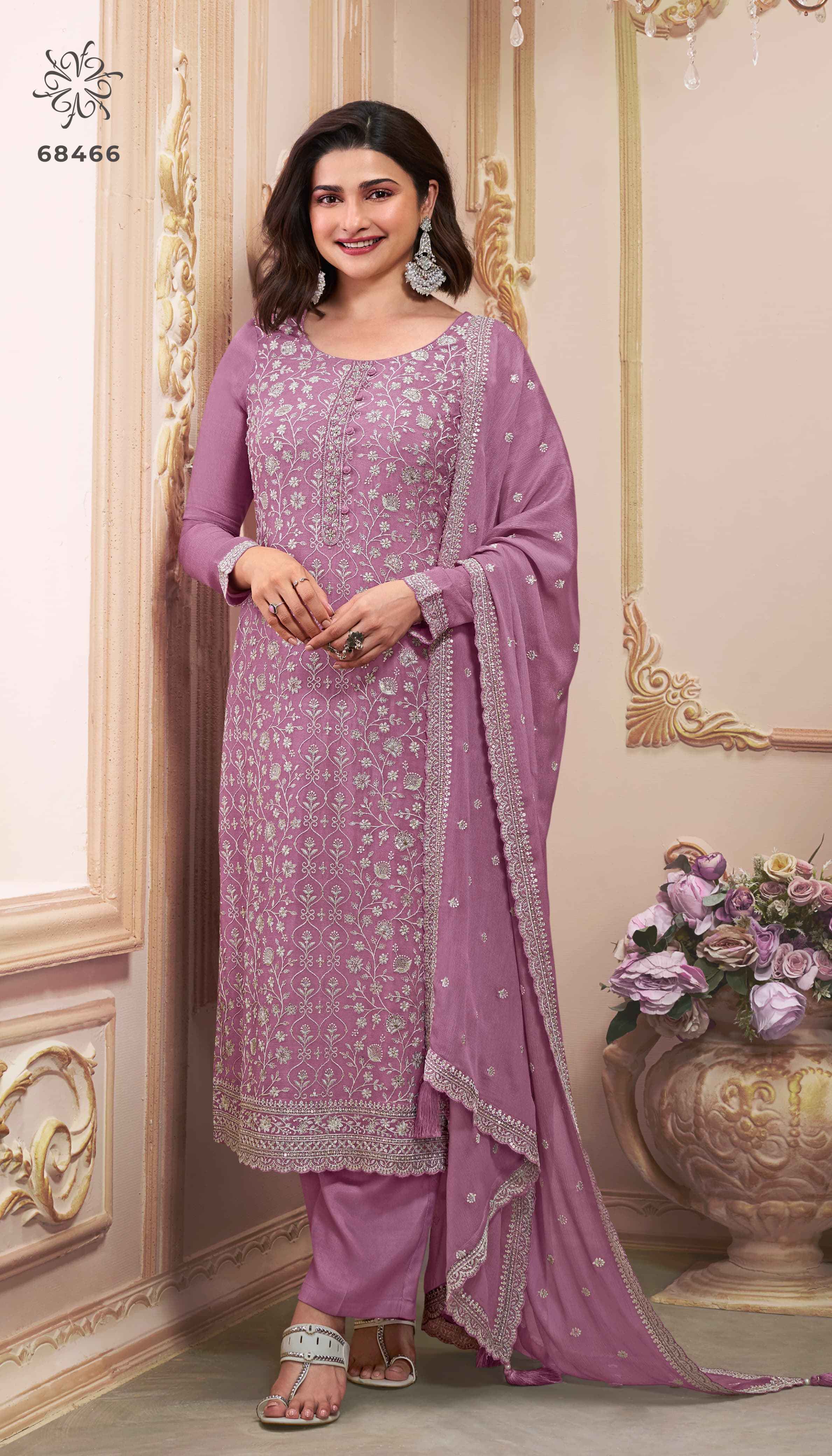 Vinay Kuleesh Saira Thread Embroidered Chinon Dress Material (6 pcs Catalogue)