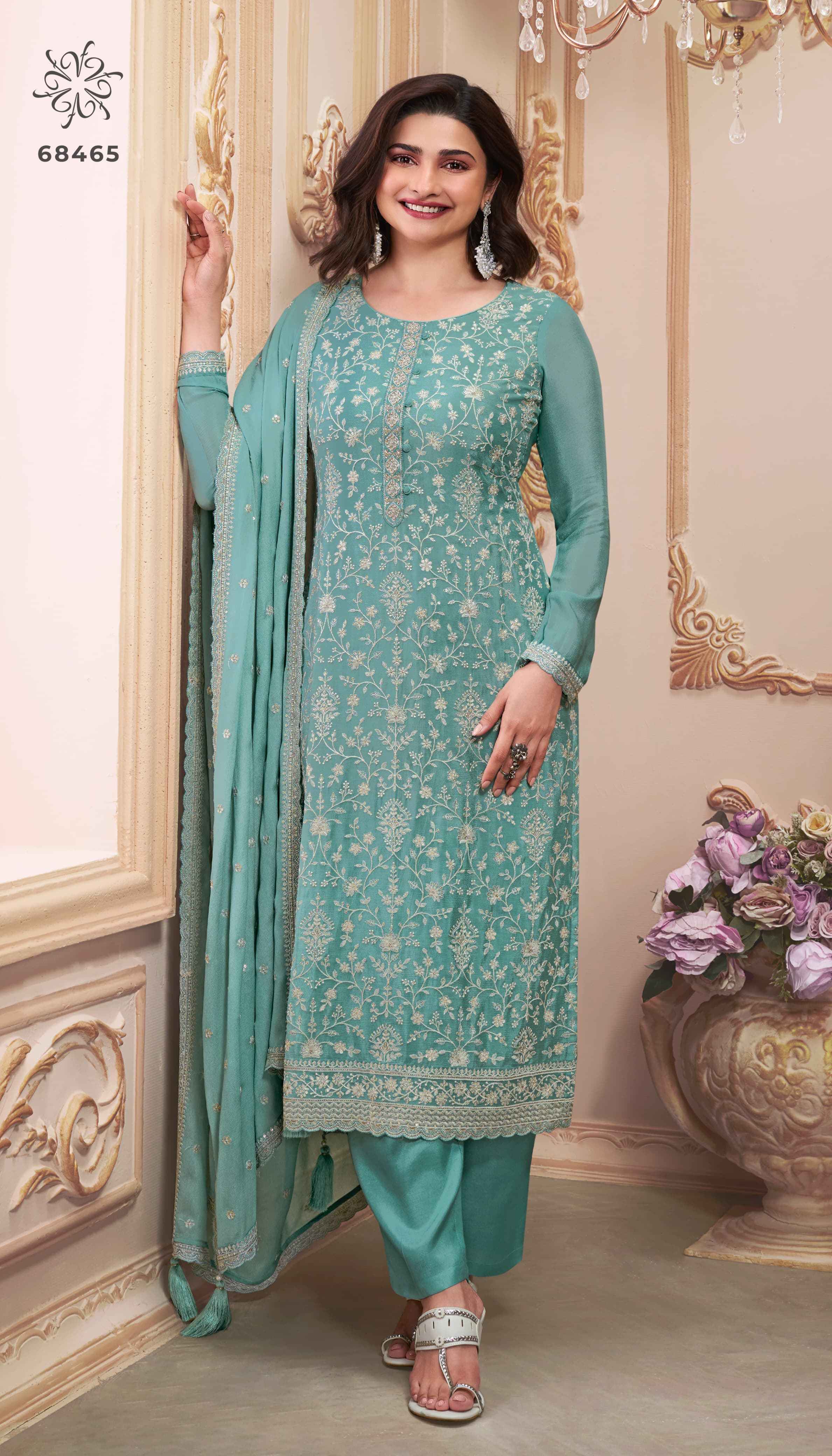 Vinay Kuleesh Saira Thread Embroidered Chinon Dress Material (6 pcs Catalogue)