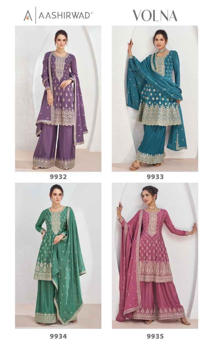 Aashirwad Creation Volna Chinon Silk Readymade Suit (4 pcs Catalogue)