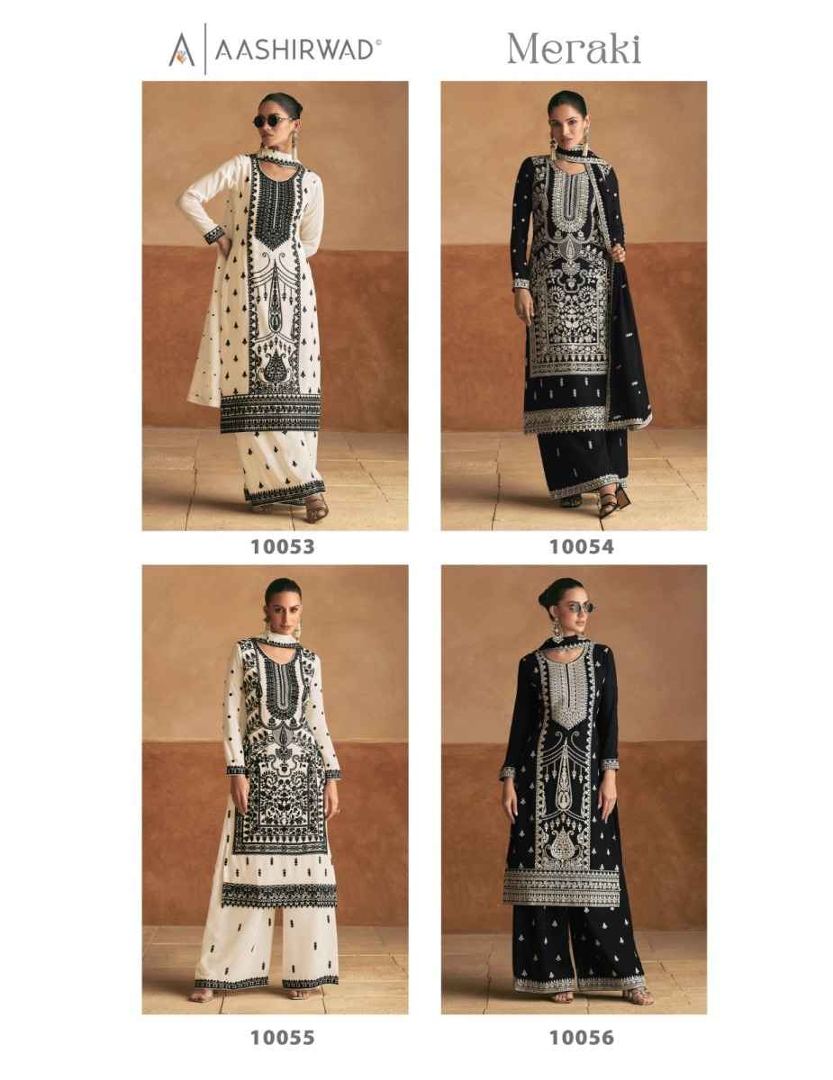 Aashirwad Creation Meraki Chinon Silk Dress Material (4 pcs Catalogue)