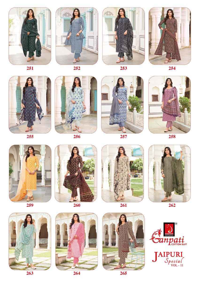 Ganpati Jaipuri Vol-11 Pure Cotton Readymade Suit ( 15 Pc Catalog )