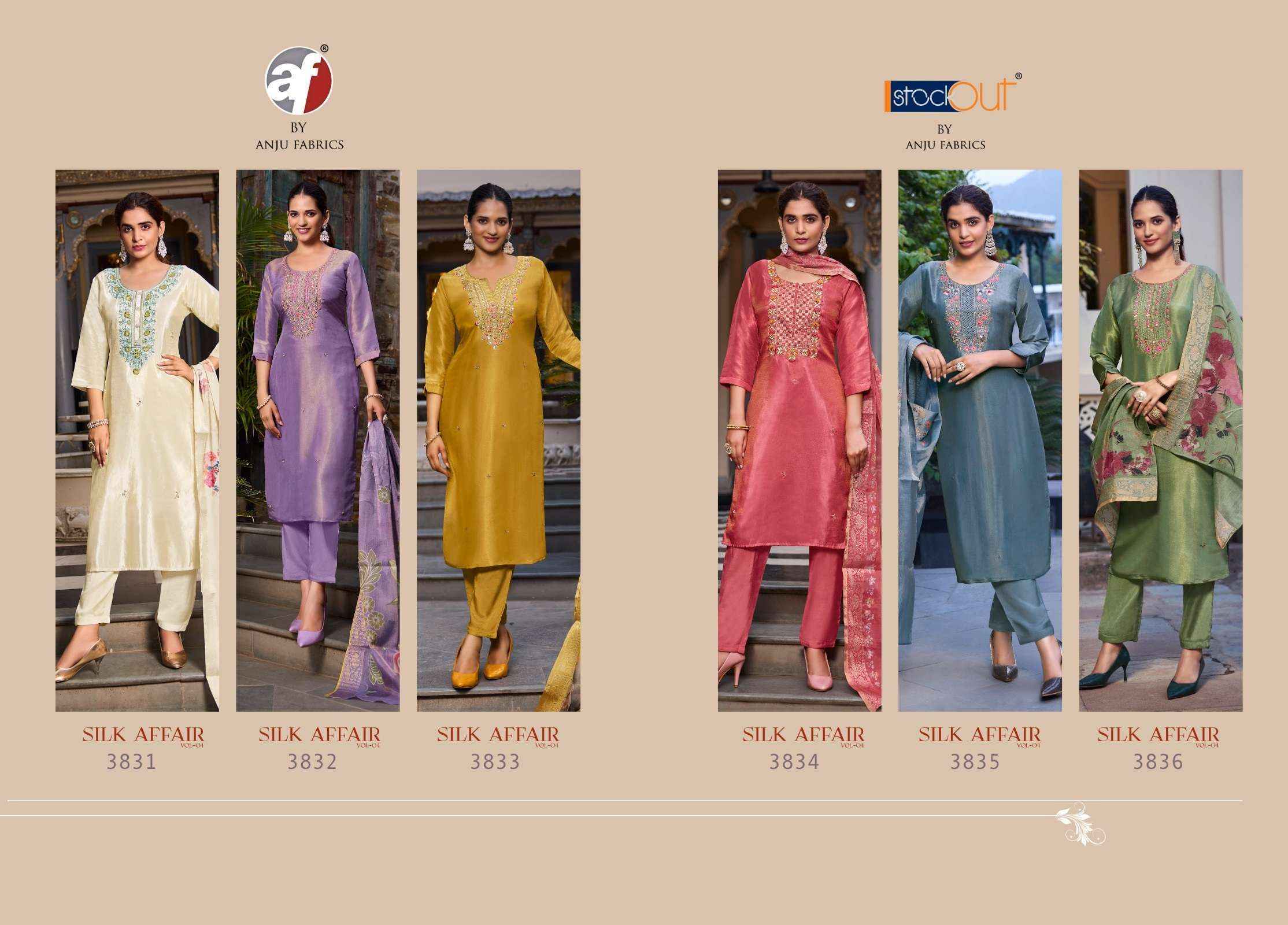 Anju Fabrics Silk Affair Vol-4 Tissue Readymade Suit (6 Pc Catalog)