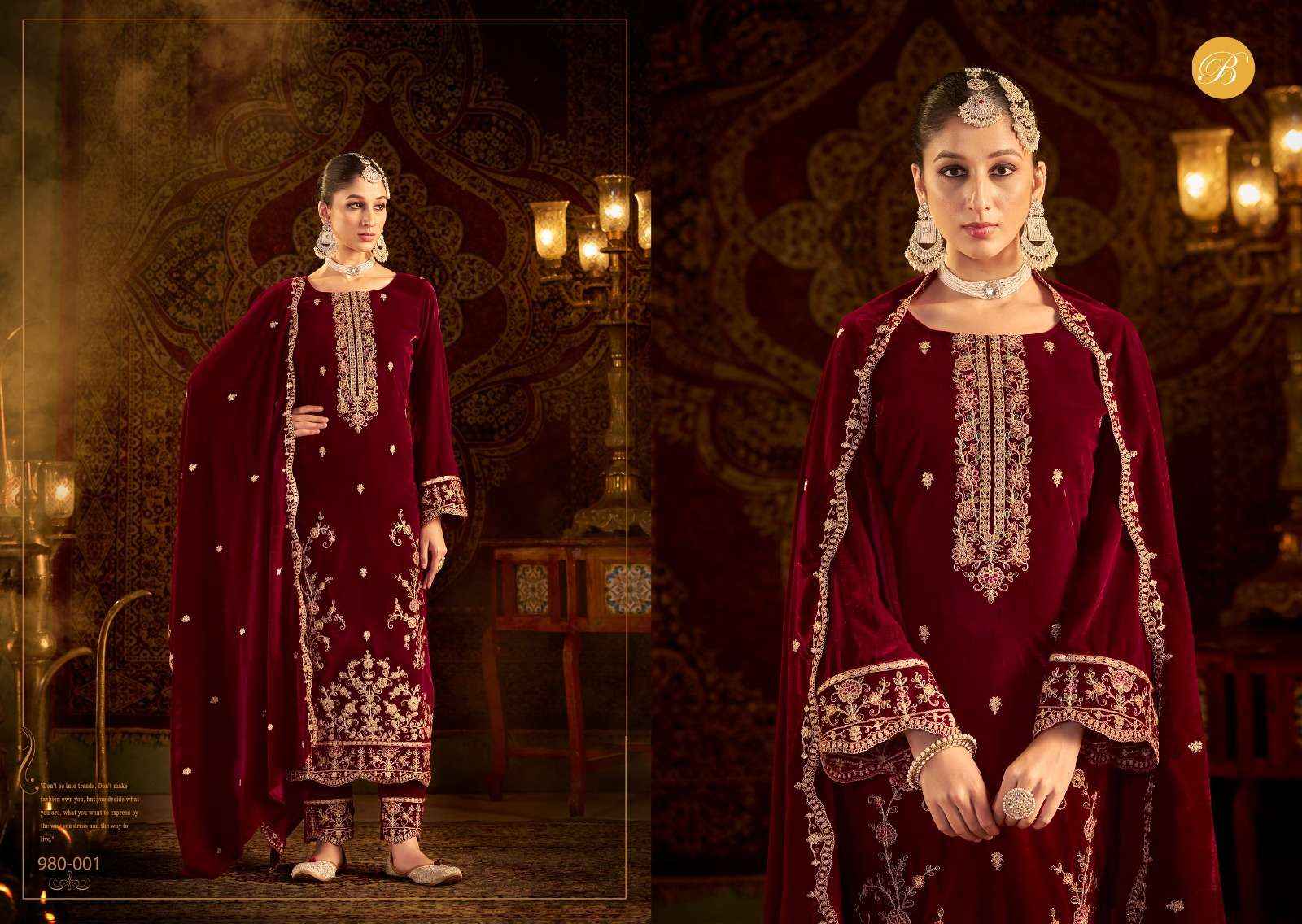 Belliza Kalamkaari Velvet Embroidery Dress Material (4 Pc Cataloge)