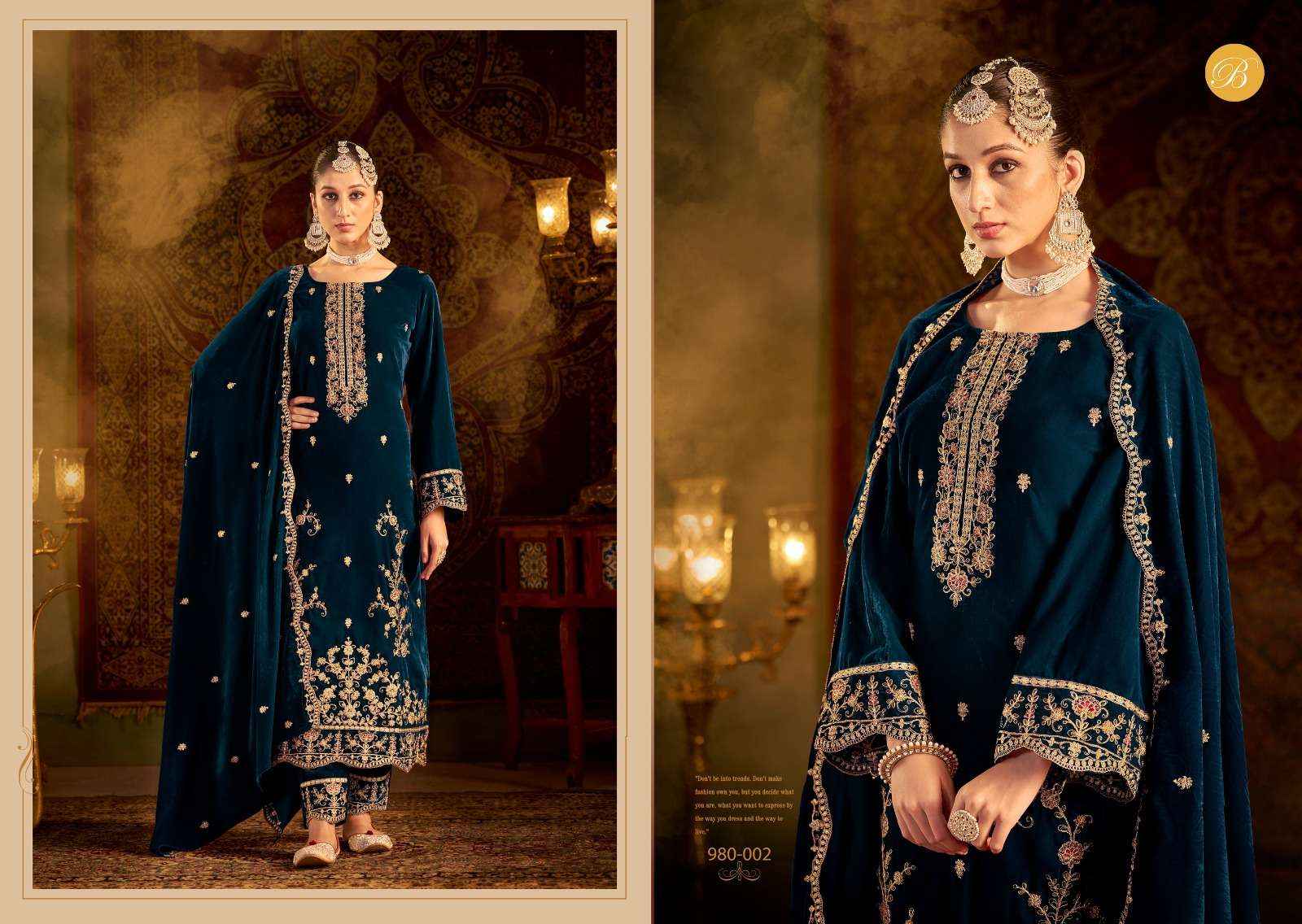 Belliza Kalamkaari Velvet Embroidery Dress Material (4 Pc Cataloge)