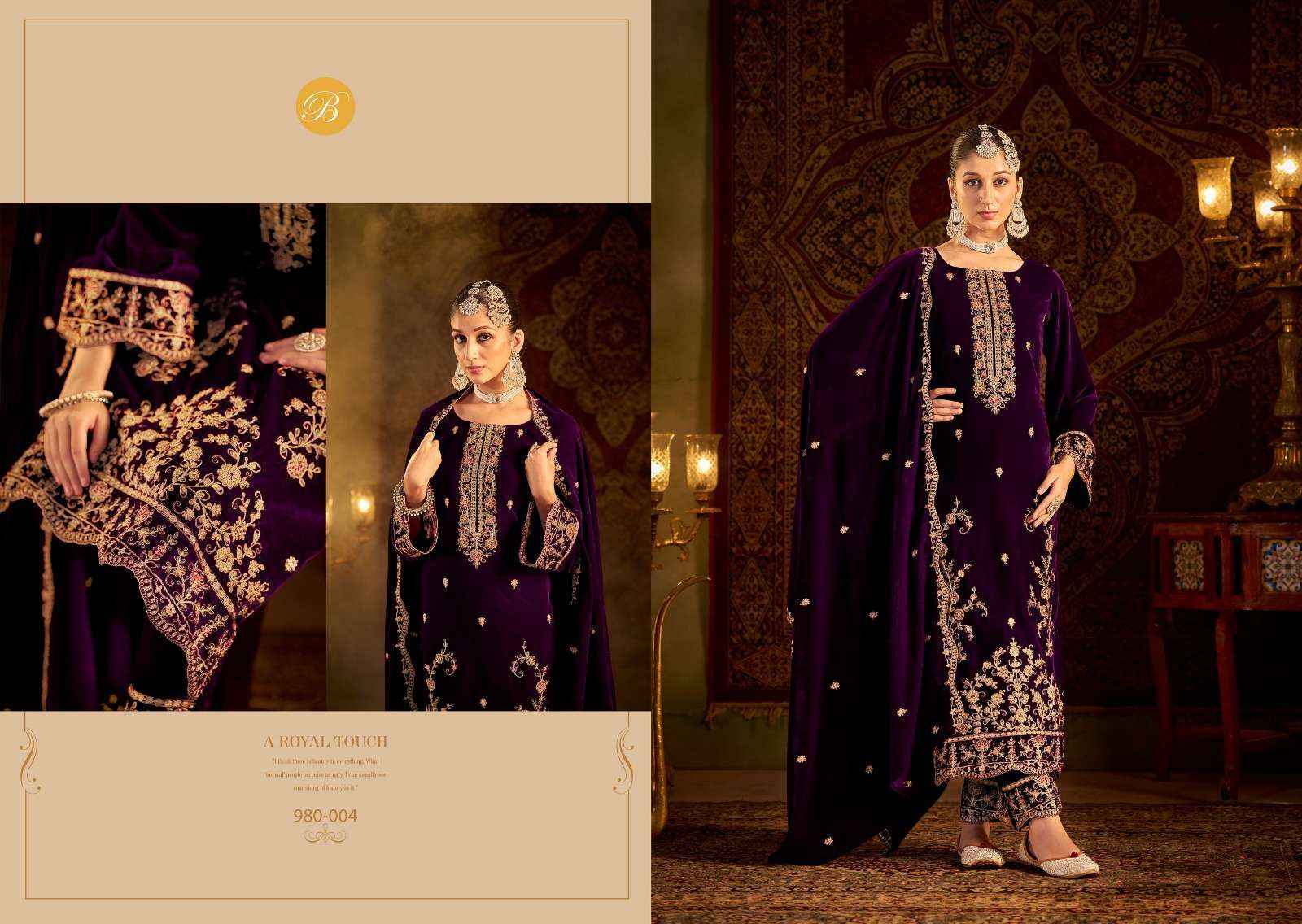 Belliza Kalamkaari Velvet Embroidery Dress Material (4 Pc Cataloge)