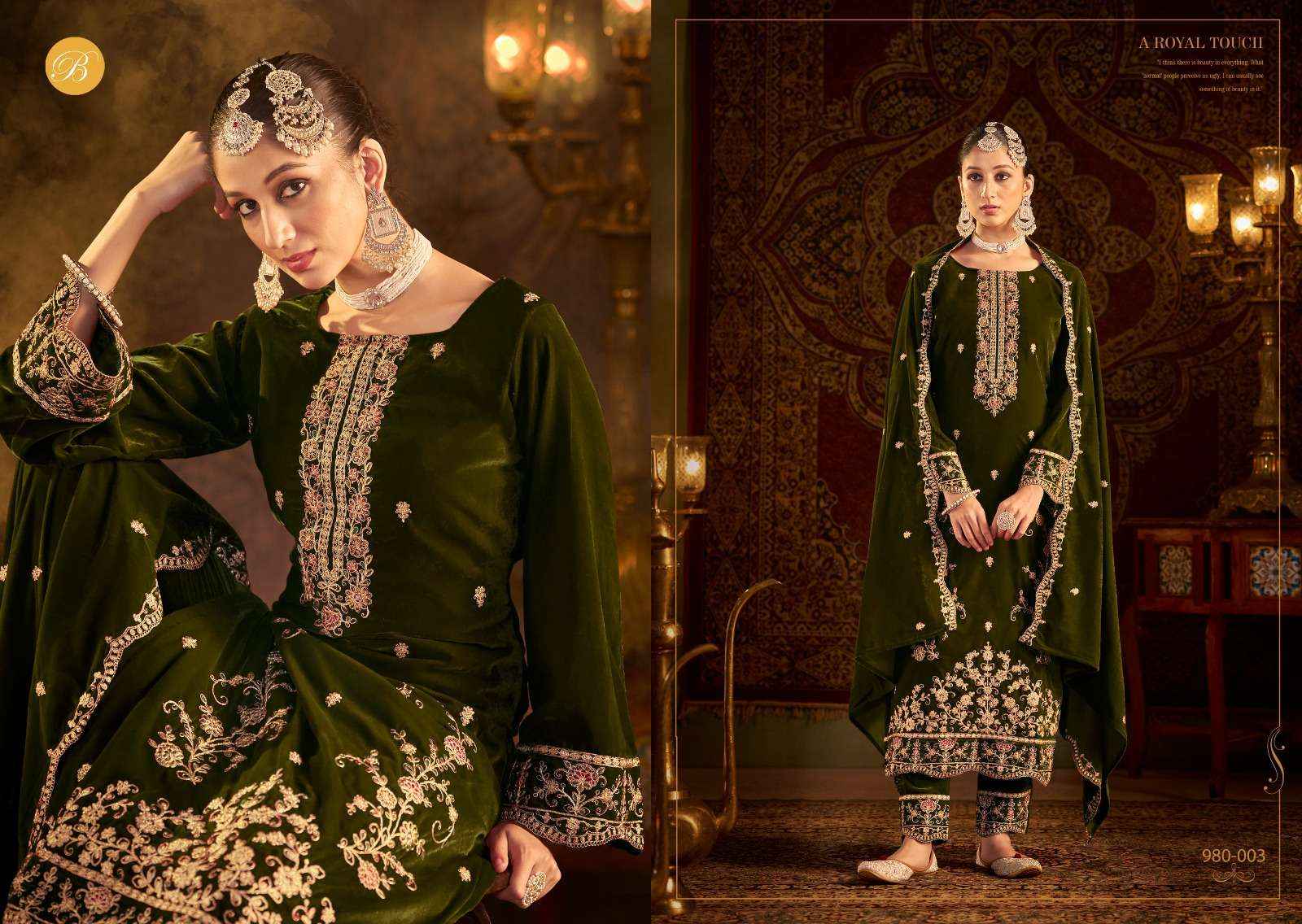 Belliza Kalamkaari Velvet Embroidery Dress Material (4 Pc Cataloge)