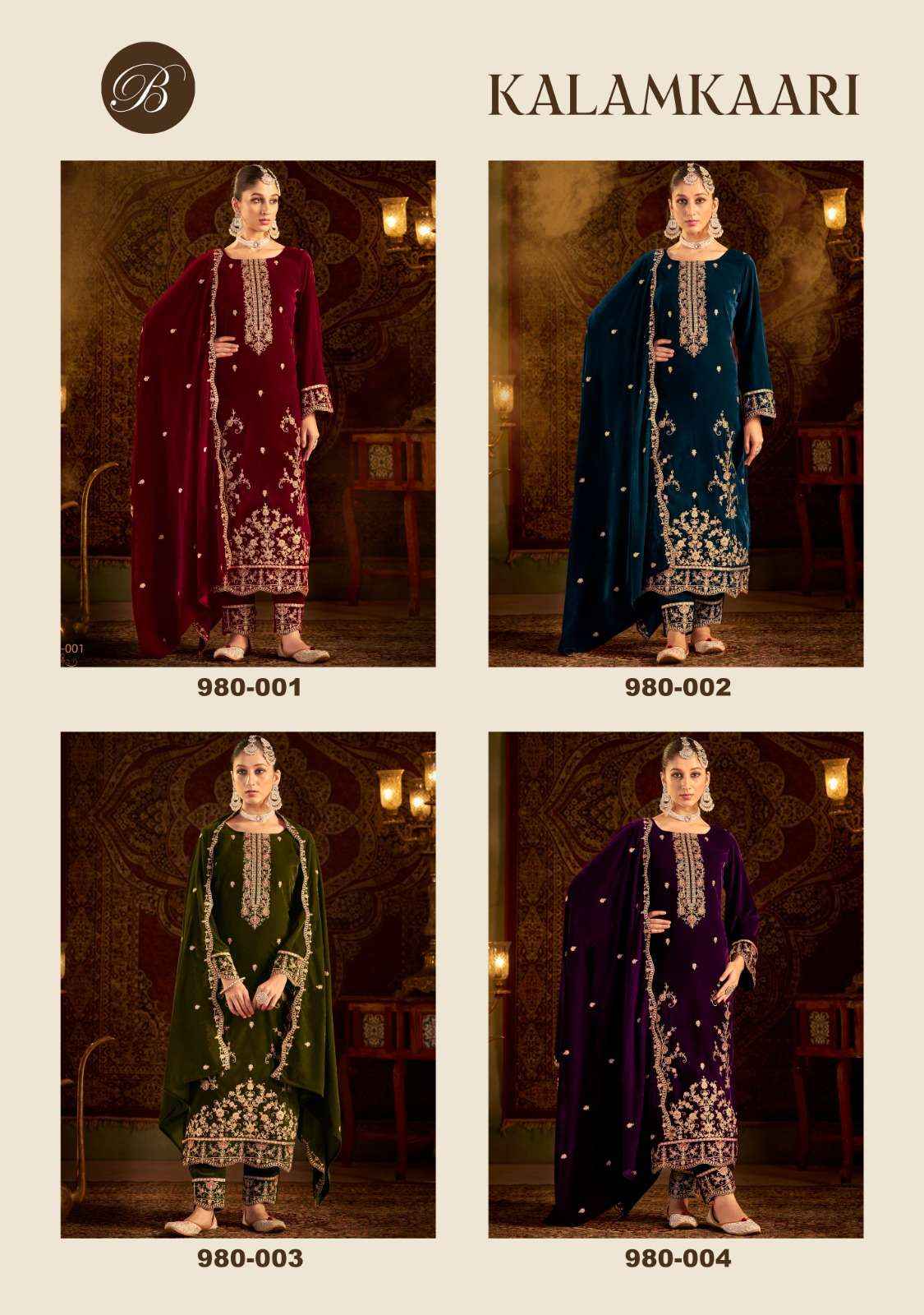 Belliza Kalamkaari Velvet Embroidery Dress Material (4 Pc Cataloge)