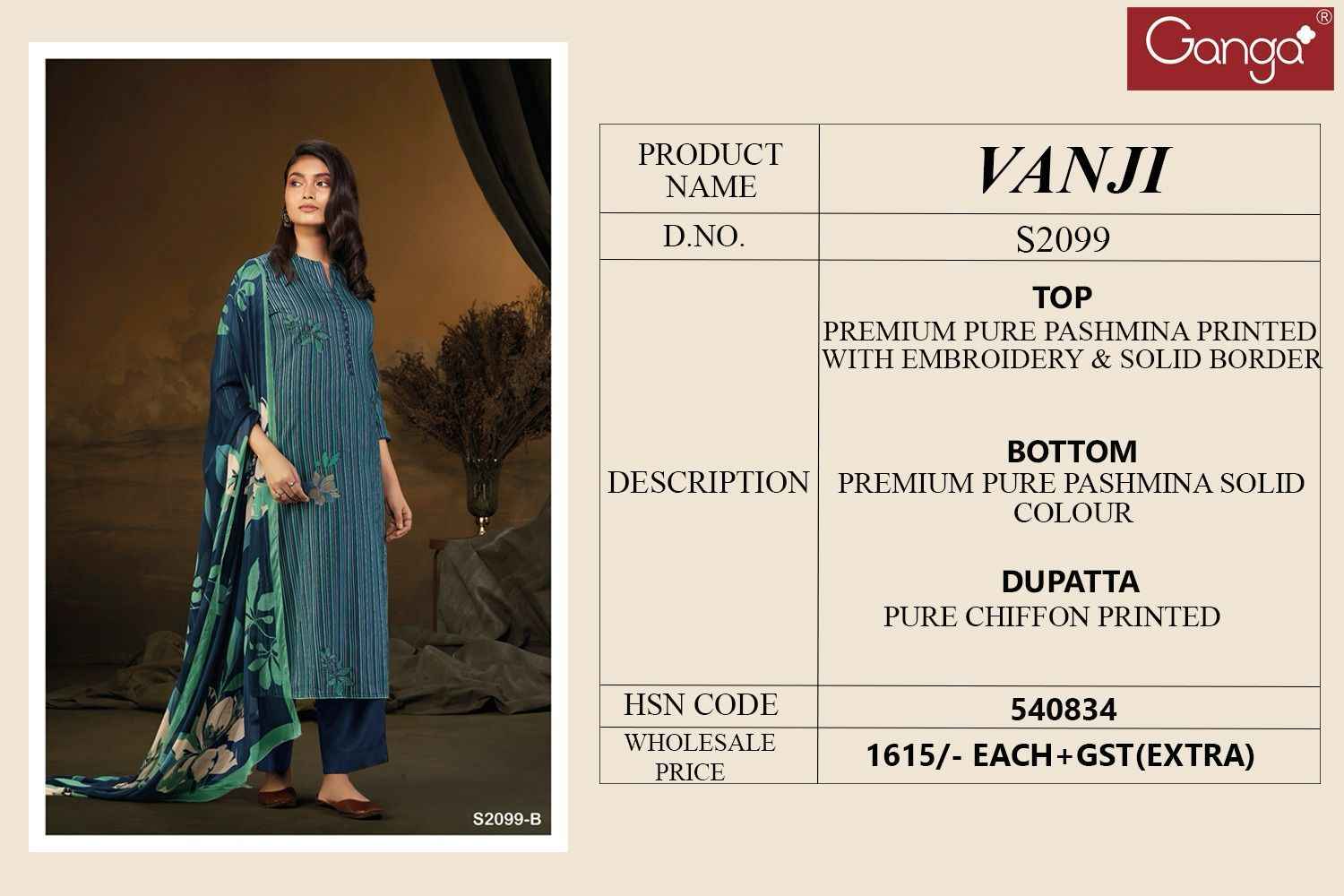 Ganga Vanji-2099 Premium Pure Pashmina Dress Material (4 Pc Catalog)